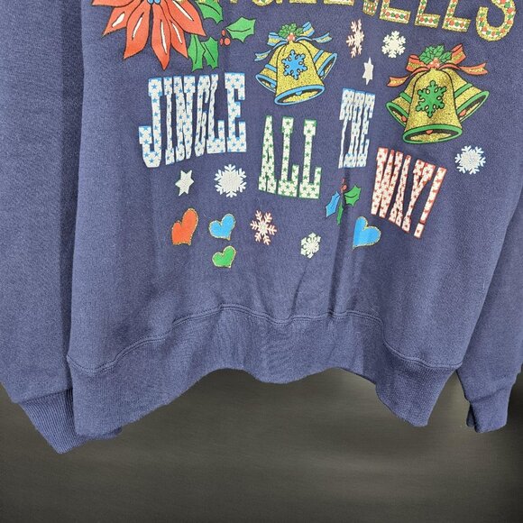 Hanes Sweatshirt Mens Large Blue Christmas Jingle Bells Glitter Graphic Pullover - Picture 6 of 9